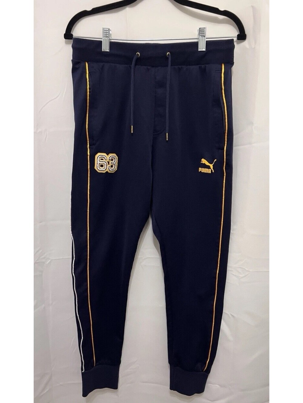 PUMA Size Small Navy Blue Yellow Piped 63 Varsity Sweatpants Drawstring